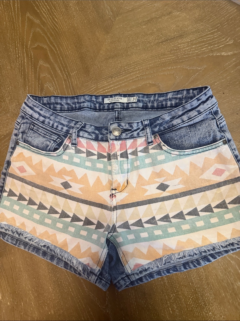 Vintage Iris Aztec Print Denim-Trim Jean Shorts - Blue / Pastel